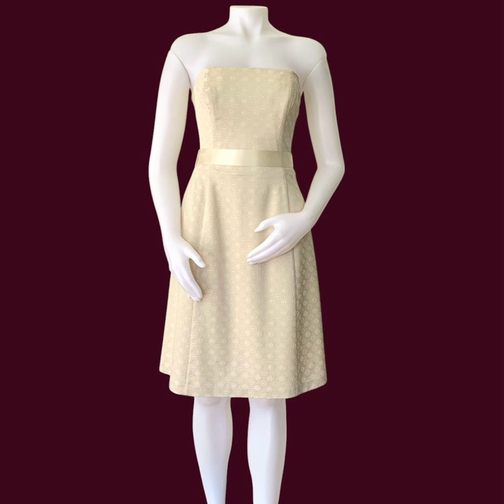 WHBM cream brocade strapless cocktail dress with satin ribbon